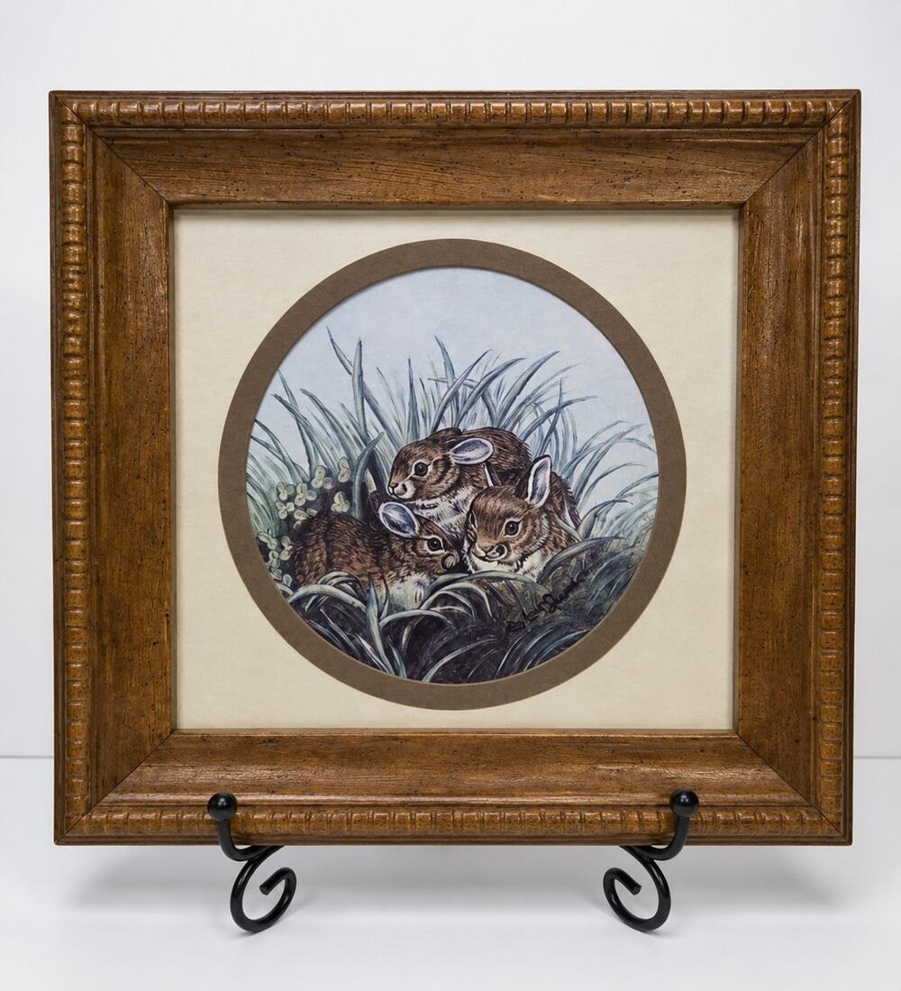 Vintage Kay Lamb Shannon Cottontail Bunny Rabbits Framed Wildlife Print Woodland